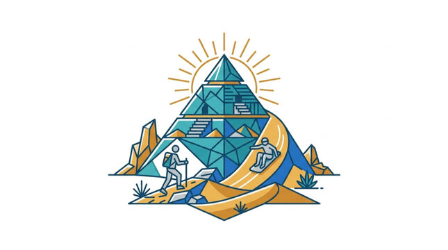 Geometric Pyramid Structure with Explorer in Desert Landscape.