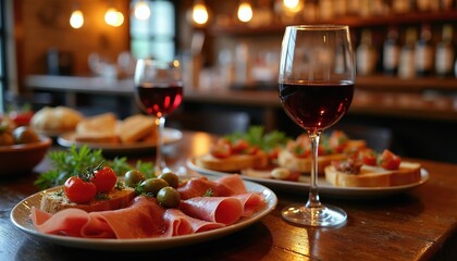 Naklejka premium Two glasses of red wine next to plates with tapas, bread, olives, and cured meat. Delicious small bites arranged on rustic wooden table in cozy bar, perfect for spanish cuisine.