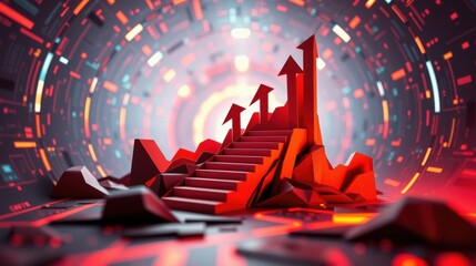 Fototapeta premium Red polygonal steps ascend toward bright light. Digital tunnel surrounds structure, creating futuristic impression. Intense colors dominate scene.
