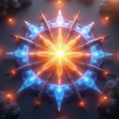 Obraz premium Radiant starburst mandala design glows with cosmic energy. Intricate geometric patterns form celestial sun, stars. Blue neon lights fuse with orange fiery hues creating spiritual alchemy.