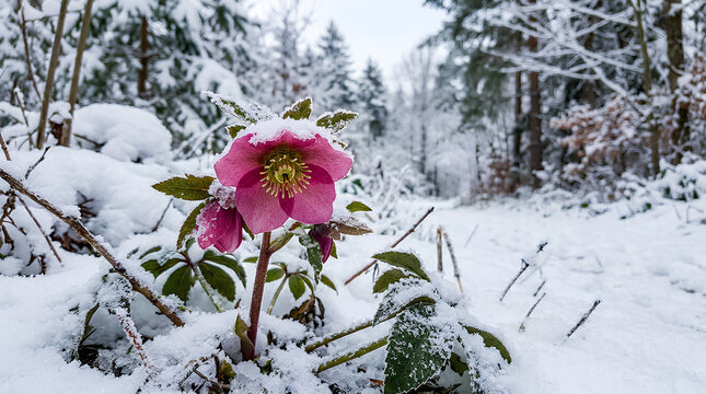 Pink Hellebore Flower Blooming in Snowy Winter Forest.