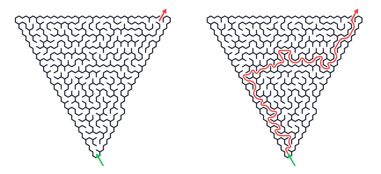 Two triangular hexagonal maze puzzles in black and white with red and green accents representing mental challenge and logical problem solving. Set0106-1 [with copy space]

