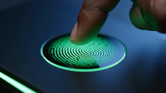 A finger pressing a glowing green fingerprint scanner with cybersecurity protection on a dark background with a firewall penetration test.