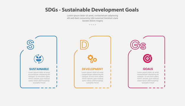 SDGs sustainable development goals infographic outline style with 3 point template with dotted line box container with folder shape for slide presentation
