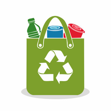 Recycling bag with waste items and recycle symbol