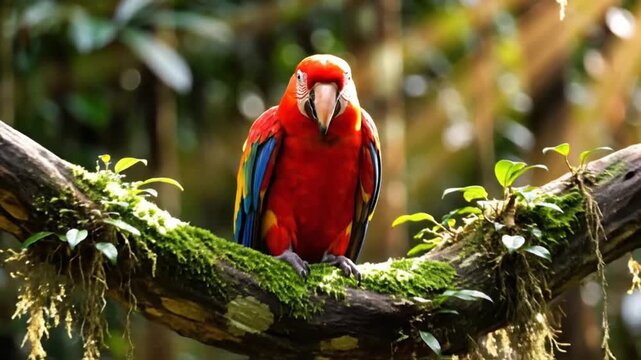 Scarlet macaw parrot perched on a mossy tree branch in a vibrant tropical rainforest environment