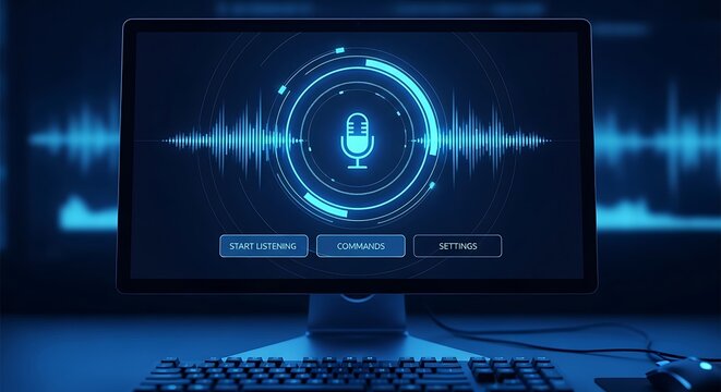 Voice controlled computer interface with audio waveform display and microphone icon on screen