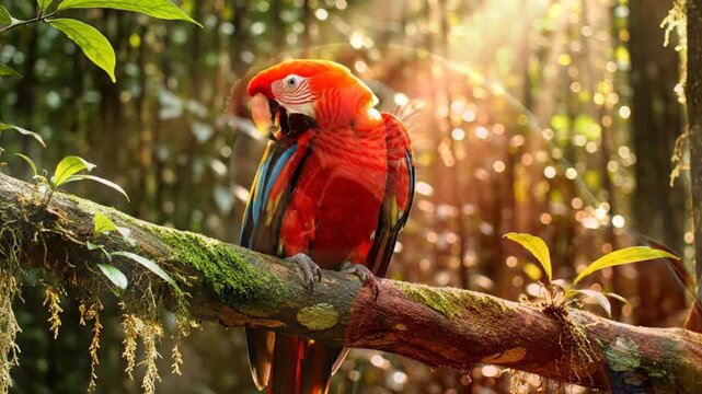 Scarlet macaw parrot perched on a mossy branch with jungle rainforest background sunshine