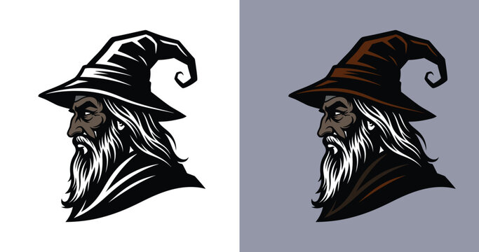 Happy halloween wizard portrait spooky sorcerer head with beard and hat for festive designs and occasions vector art illustration