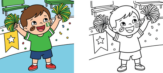 Coloring book page template of a happy cartoon boy cheering with pom-poms, featuring colored illustration and black and white line art vector for kids
