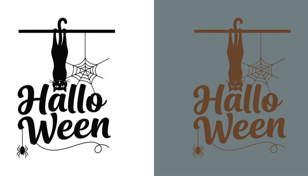 Happy halloween greeting cards with cat and spider web hallo ween wishes vector art illustration