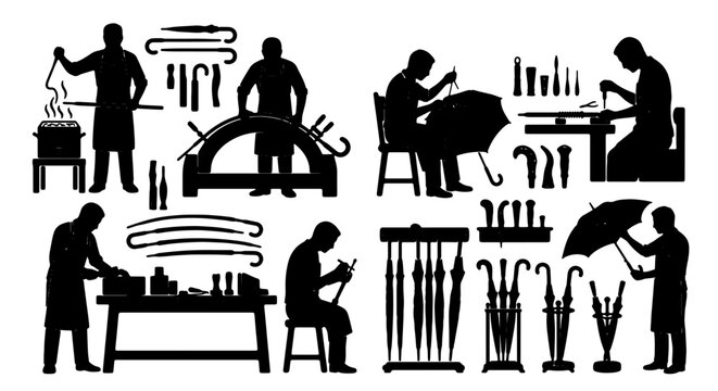 Umbrella Maker Silhouettes: Crafting and Repairing Parasols, Vintage Craftsmanship Set, Workshop Tools and Finished Products, Black and White Vector Icons