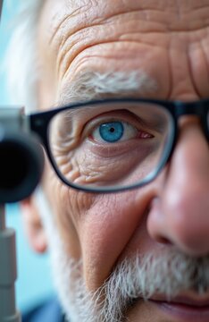 Elderly man on eye exam using ophthalmoscope. Doctor checks patient vision with medical equipment. Senior vision test for sight health care.