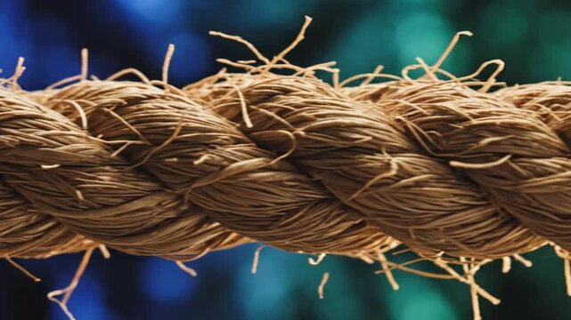 Close-up macro of coarse textured rope showing intricate details of twisting fiber strands against a blurred background
