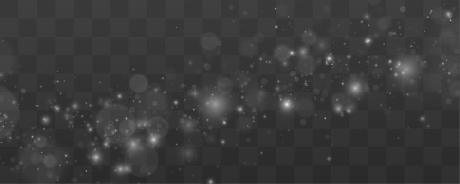 Bright white dust sparkles naturally with floating radiant reflections. Tiny luminous particles create clean sophisticated motion. Decorative white dust overlay vector.