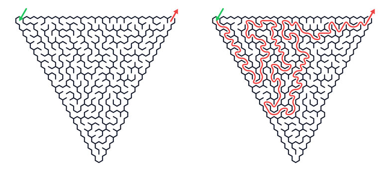 Two triangular hexagonal maze puzzles in black and white with red and green accents representing mental challenge and logical problem solving. Set 0106-3 [with copy space]
