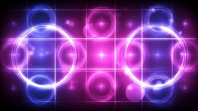 Futuristic digital abstract with neon glowing circles, lines, and starbursts on dark background