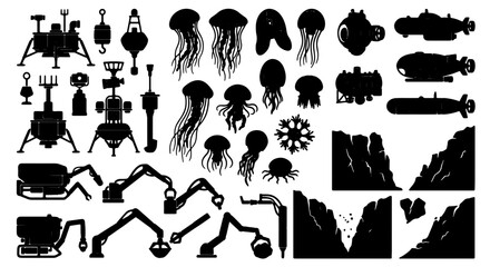 Premium Sci-Fi Exploration Icons: Spacecraft, Submarines, Jellyfish, and Mining Equipment Vector Set for Futuristic Designs © Mohaiminul