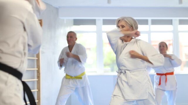 In gym, karate class senior students independently perform basic movements and repeat to hold pose, learning technique of kata. Oriental martial arts, training and obtaining black belt