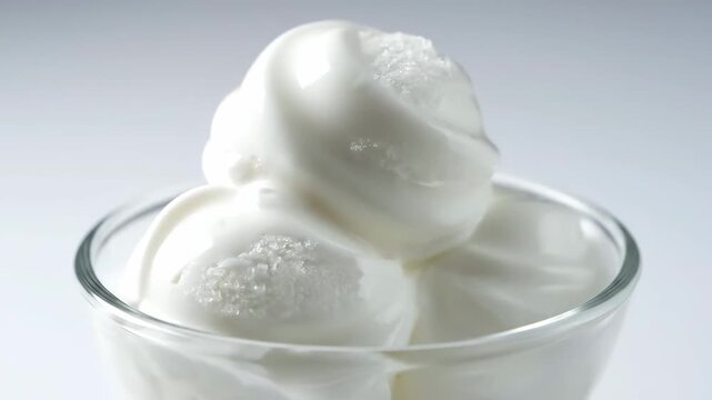 Appetizing close-up shot of creamy white ice cream scoops served in a clear glass bowl, isolated on a bright studio background.
