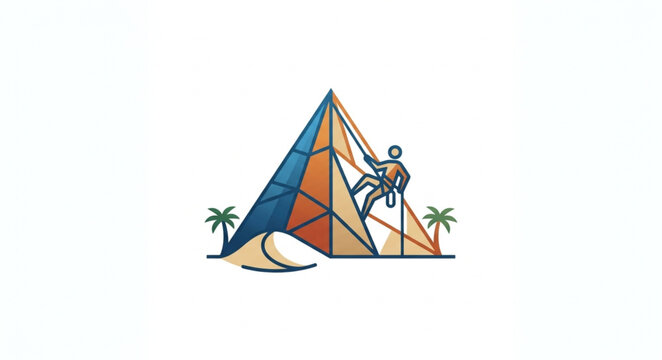 Man rappelling down a geometric pyramid structure with palm trees.