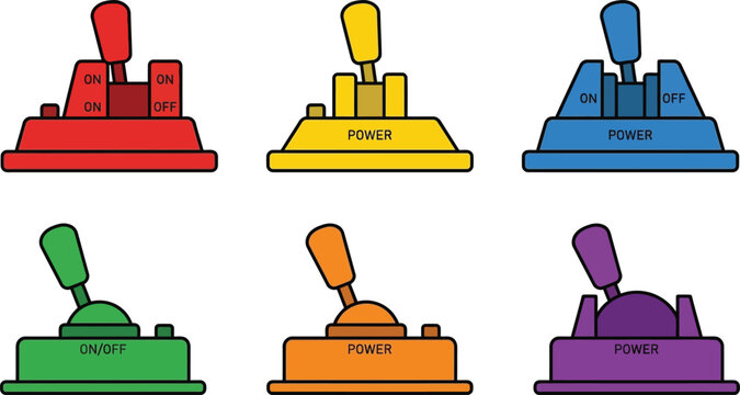 Vibrant set of retro toggle switches flat design vector illustration for user interface power control and game interface elements