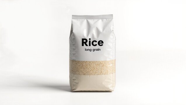 Long grain rice package on clean white background in minimalist studio pantry photography