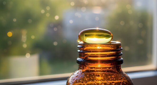 Close up of amber glass bottle with drop on top near window