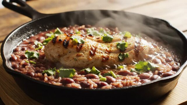 Savory grilled chicken breast over red beans and rice in cast iron skillet with fresh herbs