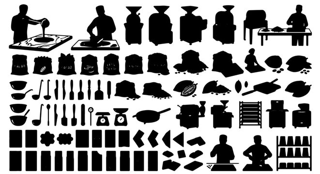Premium Food Processing Icons: Cocoa Bean Production, Grinding, Packaging, and Preparation Vector Set. Industrial Manufacturing and Culinary Tools Collection.