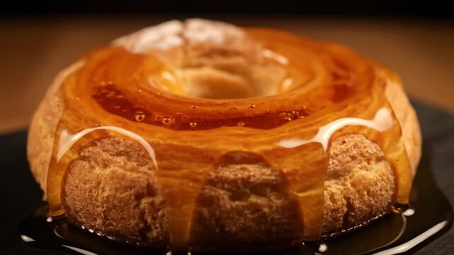 Macro close-up of delicious golden syrup slowly dripping down the sides of a freshly baked choux pastry or bun, emphasizing rich texture and decadent dessert preparation.