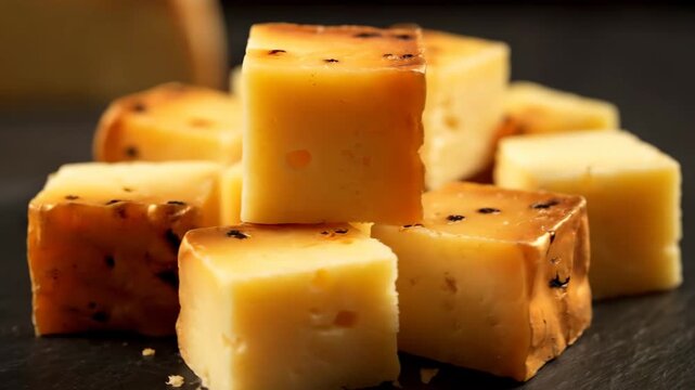 Close-up stack of gourmet aged cheese cubes showing texture and holes on a dark background