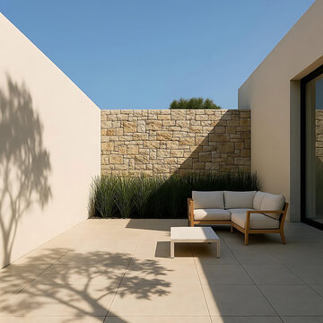 modern living room with balcony, Minimalist Modern Courtyard Patio with Luxury Outdoor Sofa Concrete Coffee Table and Stone Wall