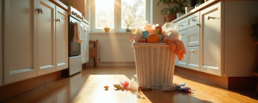 Full kitchen rubbish bin with orange and clothes on wood floor. Sunlight streams through window, illuminating mess near cabinets. Waste overflow, need clean up.