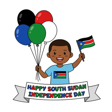 Boy holding South Sudan flag balloons.
