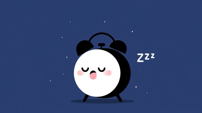 Minimal cute illustration of sleeping anthropomorphic alarm clock with sleepy facial features, black casing, top bells and feet, scattered white speckles and zzz text on solid dark blue