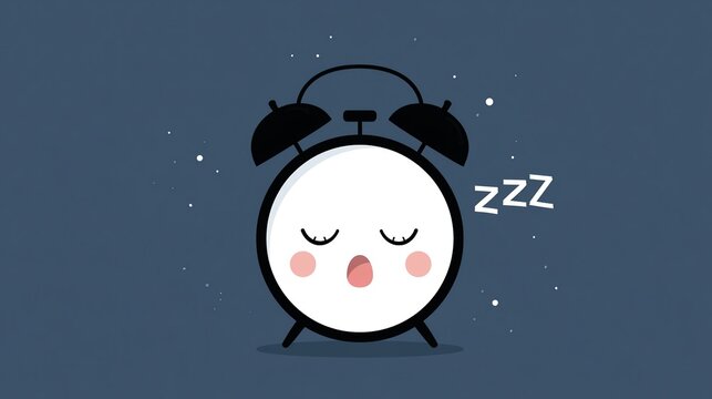 Minimal cute illustration of sleeping anthropomorphic alarm clock with sleepy facial features, black casing, top bells and feet, scattered white speckles and zzz text on solid dark blue