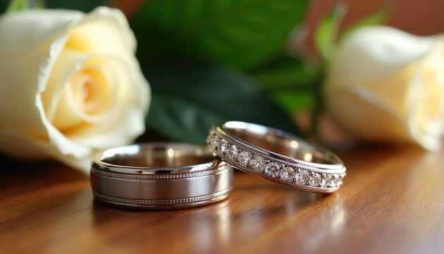 Two wedding rings sit on wood surface near white roses. One band sparkles with diamonds. Symbol of love, marriage, and eternal commitment between couples.
