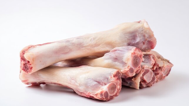 Close-up of stacked raw beef bones, with meat and marrow visible, against white background