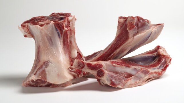 Close-up of raw animal bones, partially sliced, against a clean white backdrop