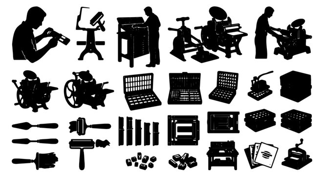 Vintage Printing Press Equipment, Silhouette Vector Icons Set: Letterpress Machines, Typesetting Tools, Paper Stacks for Graphic Design and Historical Concepts