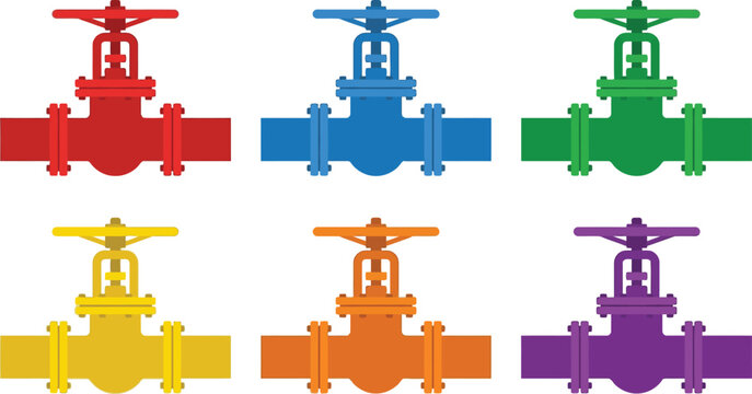 Set of colorful industrial gate valves vector illustrations for pipeline systems and engineering designs isolated on white background