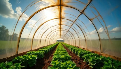 Fototapeta premium Rows of green plants grow inside tunnel greenhouse. Sun shines brightly through transparent covering, creating airy agricultural scene. Blue sky and clouds are visible above structure.