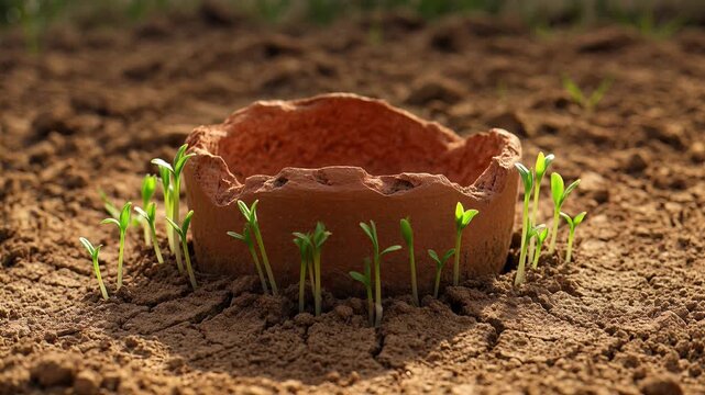 Tiny green sprouts emerge from cracked earth around a broken terracotta pot shard