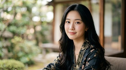 Obraz premium Young Asian woman in traditional kimono smiling, outdoor garden setting
