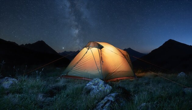 Tienda de campa&ntilde;a iluminada de noche en un paisaje de monta&ntilde;a bajo cielo estrellado
