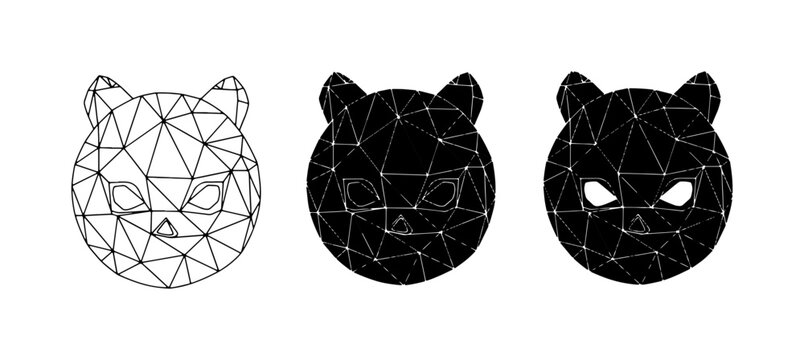 Geometric Cat Heads: Wireframe, Solid Black, Evil Expression