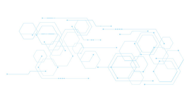 white background with blue tech hexagonal pattern design