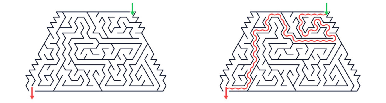 Minimalist trapezoid labyrinth puzzle vector illustration in black white green and red representing logic game problem solving challenge/ Set0106-1 [with copy space]
