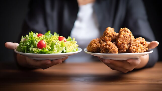 Person holds plates of salad and fried chicken, emphasizing food choices and diet